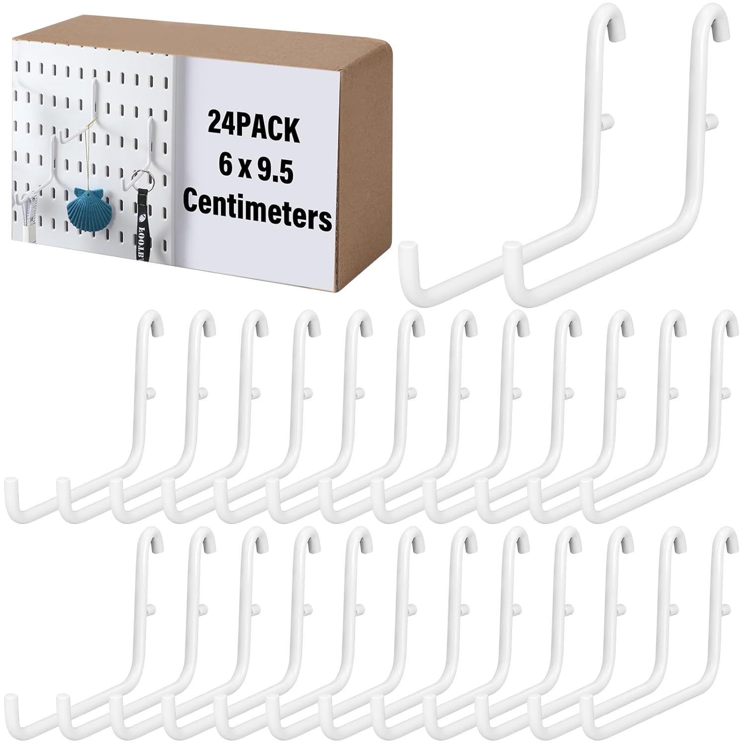 GlikCeil 24 Pcs Pegboard Hooks, 6 x 9.5 Centimeters, White Pegboard Accessories Compatible with IKEA/Skadis Long Metal Storage Hooks for Home Office Indoor Tool Supply