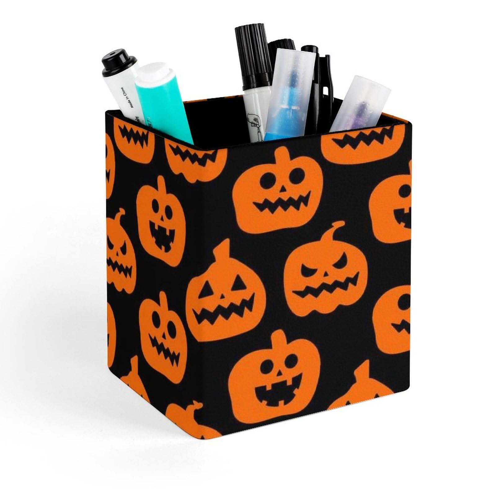 FekiLoot Horror Pumpkin Pattern Pencil Holder Square Leather Pen Holder Cup Modern Multi-Functional Pencil Cup Holder Decorative Desk Organizer Caddy Makeup Brush Holders for Desk Office