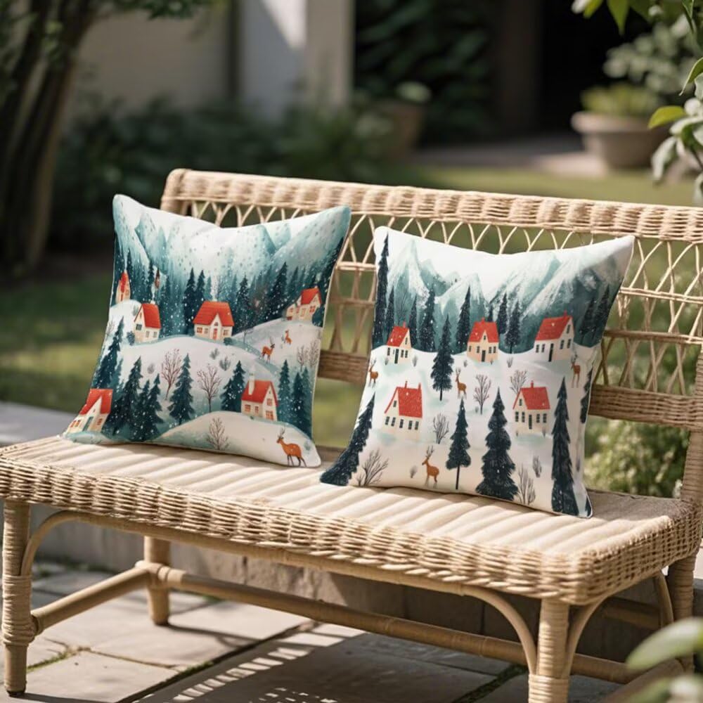 Housse coussin exterieur 45x45 imperméable en lin lot de 2 taies d'oreiller motif neige pour jardin