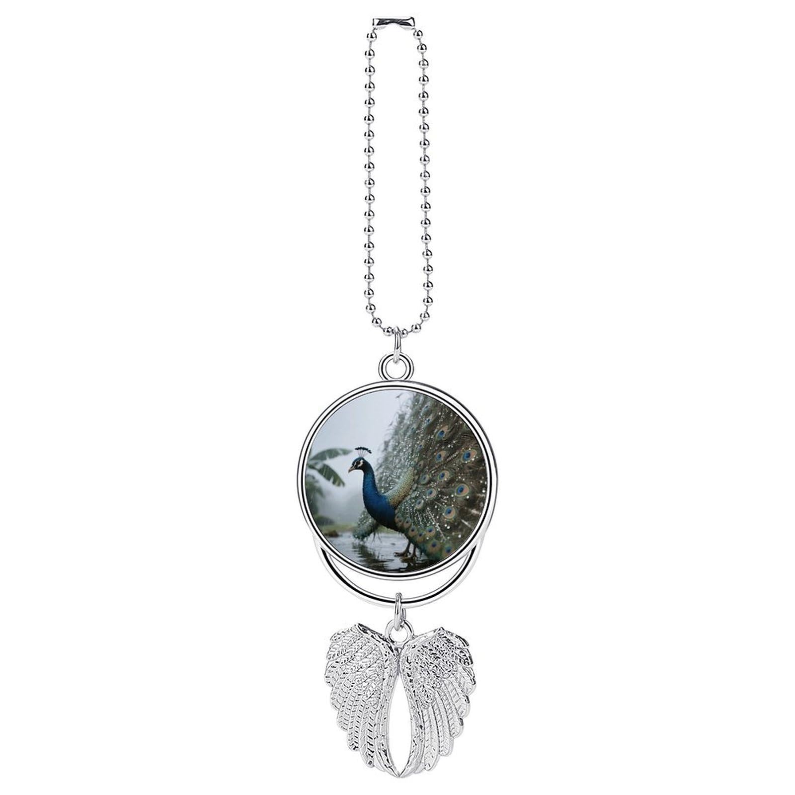 Peacock Guardian Angel Wing Car Ornament for Mirror, Zinc Alloy Hanging Charm with Spiritual Design for Protection, Rearview Mirror Accessory Decor Gift for Women Men(Silver)