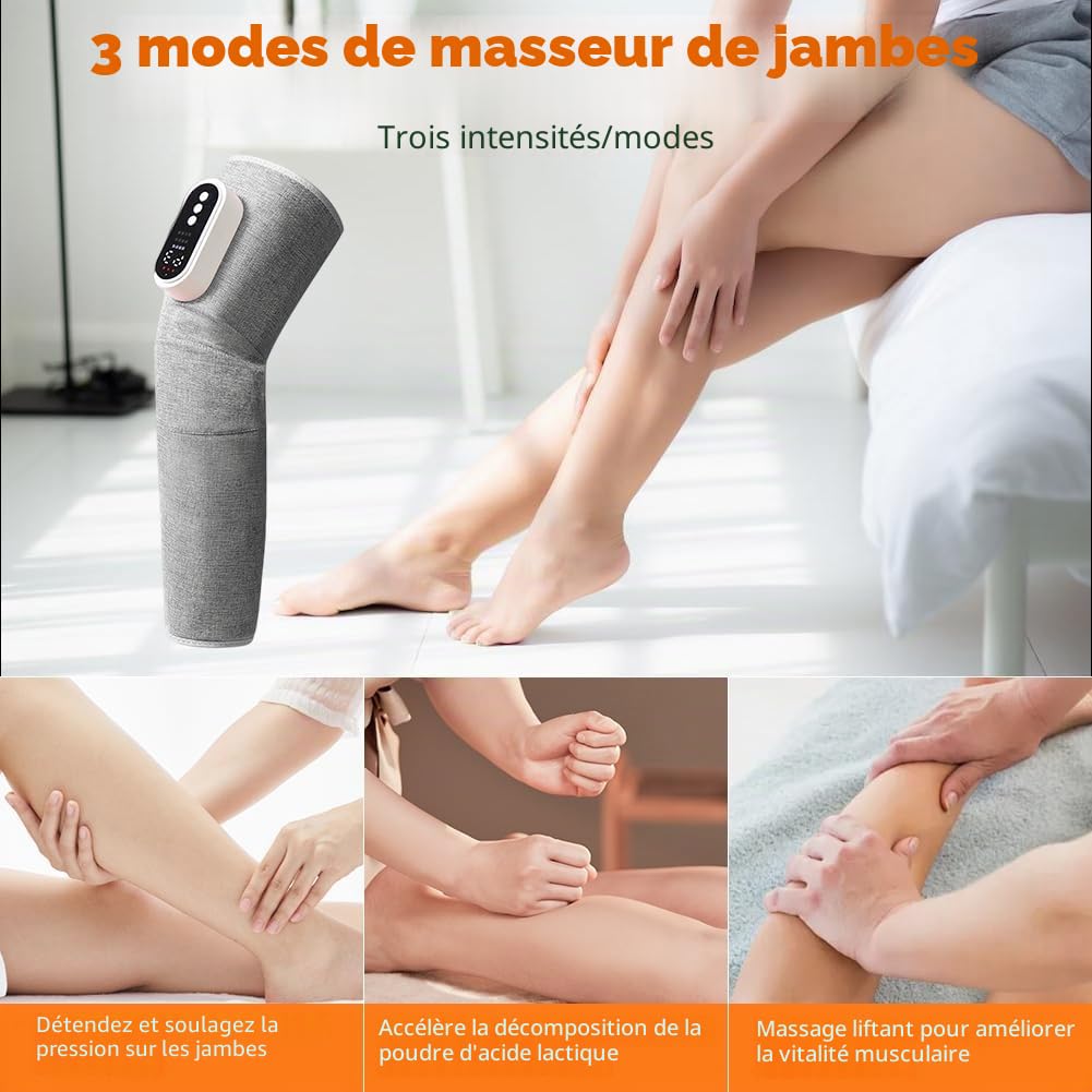 Appareil de massage des jambes, sans fil, 3 en 1, 3 intensités et 3 modes, pour les jambes, les lipœdèmes, les cuisses, les mollets et les jambes fatiguées