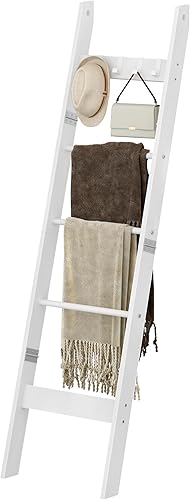 Estante de escalera para manta para sala de estar, estante decorativo de madera con 4 ganchos extraíbles, organizador de escalera de granja de 5