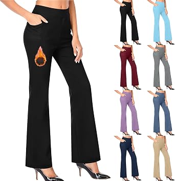 YMADREIG Womens Fleece Lined Dress Pants with Pockets Winter Work Thermal Flare Yoga Leggings Stretch Slacks for Cold Weather
