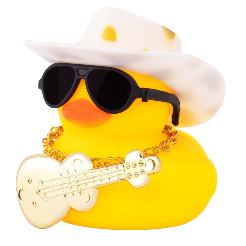 Pato de Borracha Decorativo para Painel de Carro wonuu com Chapéu, Óculos, Colar e Violão Miniatura Branco e Dourado