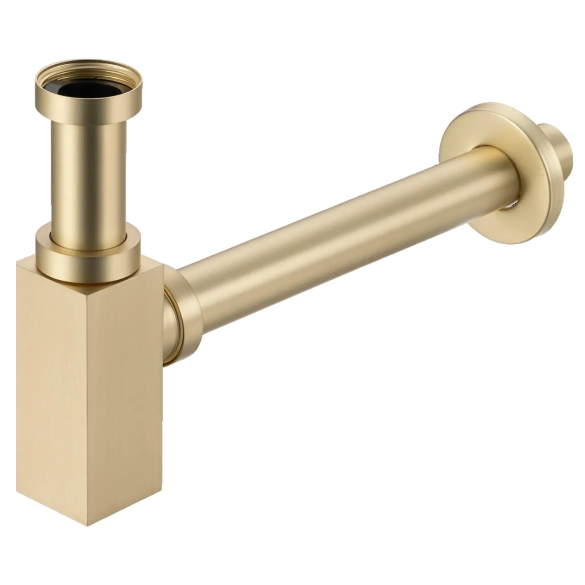 Sifón de Lavabo Universal - Válvula de Desagüe para Lavabo de Latón G1 1/4 x 32 mm - Sifón Tubular para Baño - Tubo de Desagüe para Lavabo de Baño, Cuadrado Oro Cepillado