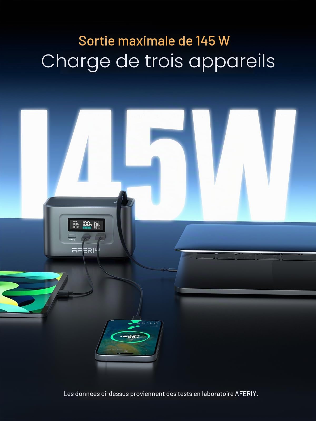 AFERIY Station d'alimentation portable de 31 000 mAh/99,2 Wh, 100 W avec batterie LiFePO4, prise USB/type C, câble d'extension intégré pour les voyages en plein air et les voyages d'affaires