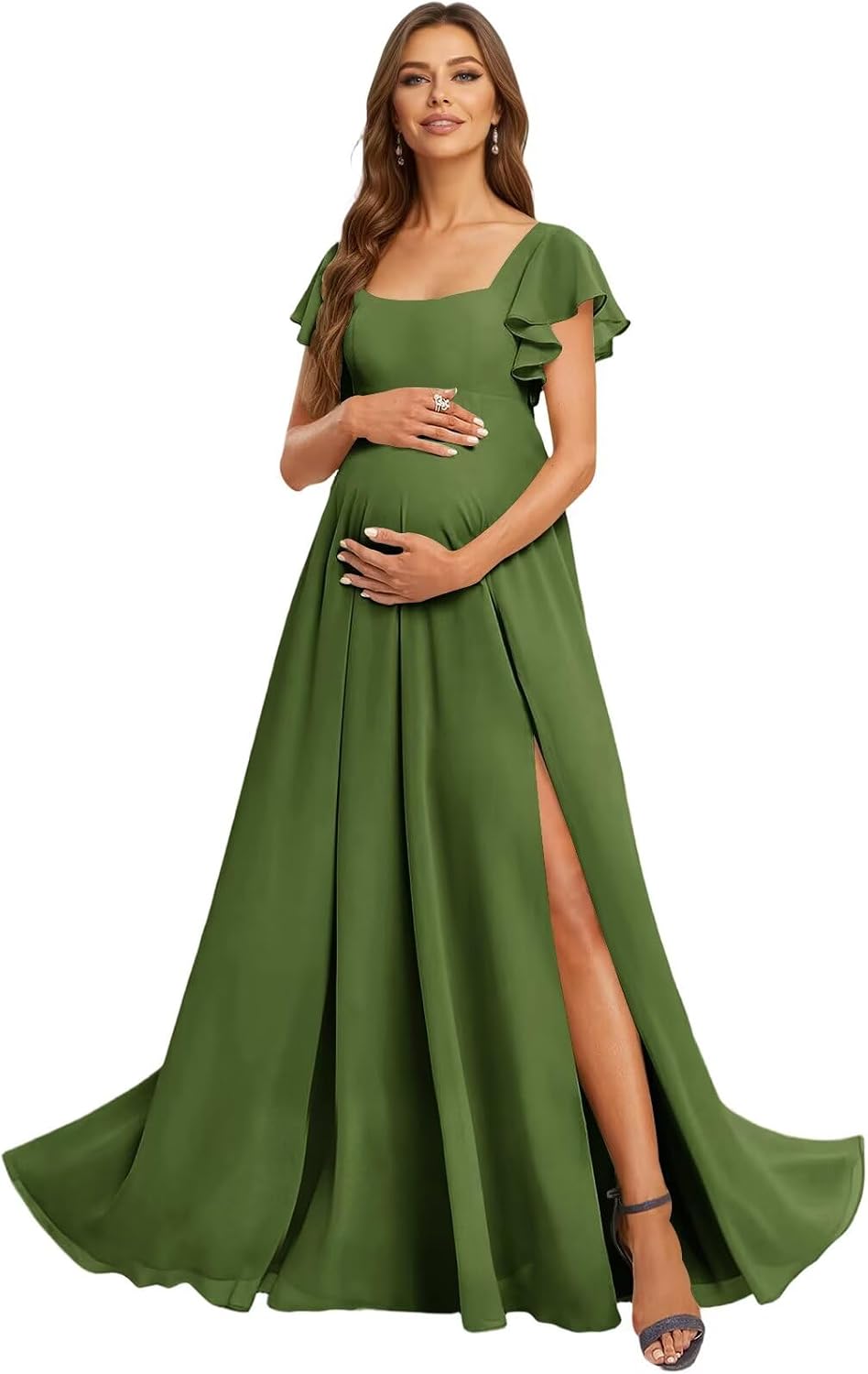 Chiffon A-Line Maternity Baby Shower Dress with Sleeves Square Neck Ruffles Split Pregnancy Dresses for Women
