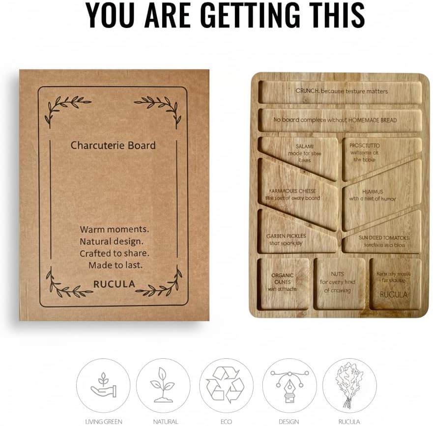 Reversible Wooden Charcuterie Board with Engraved Labels by RUCULA, Large 2 in 1 Cheese Board with Smooth Cutting Side, Serving Snacks Tray; Natural Gift-Ready Box; Kitchen Housewarming Gift 17x12