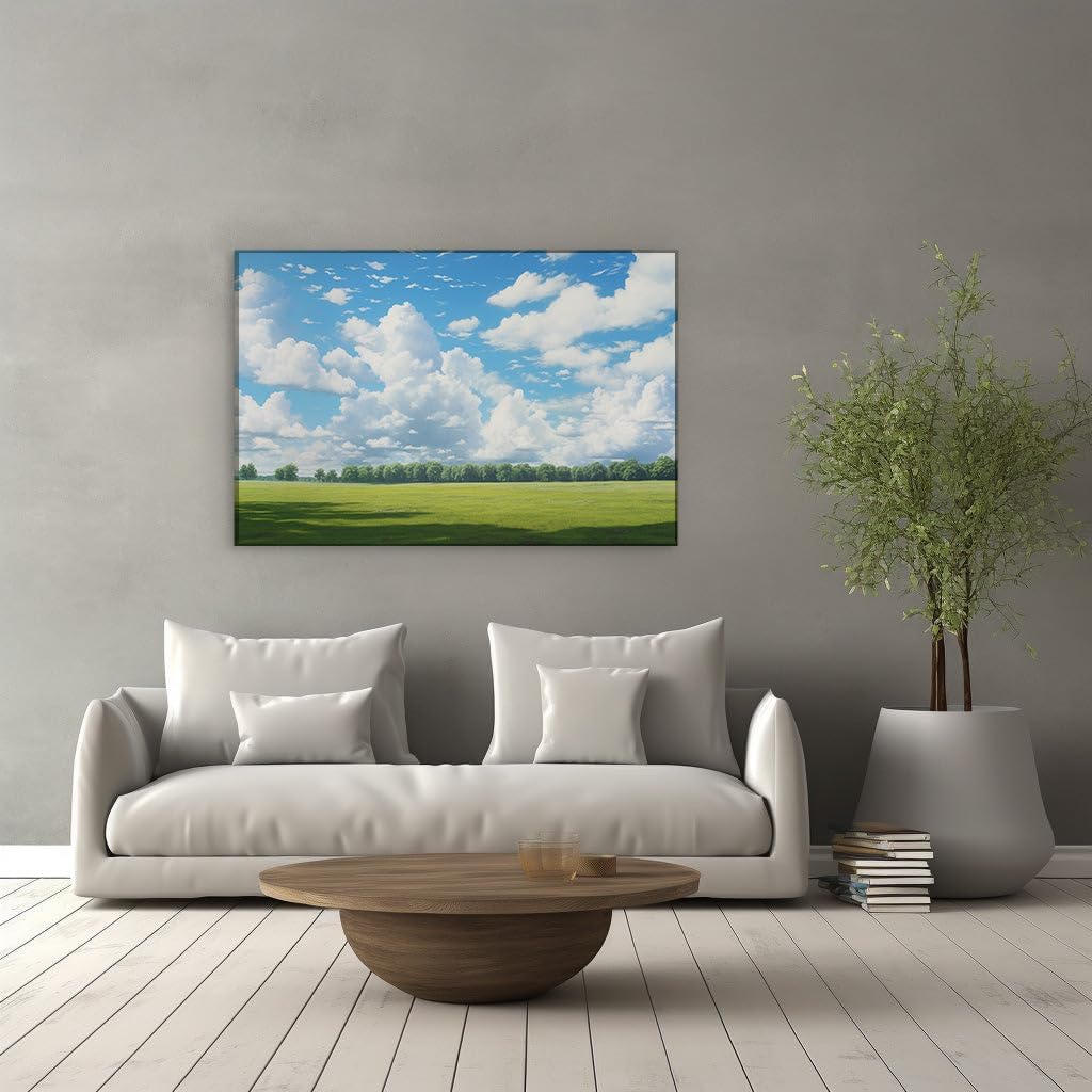 Canvas for Living Room. Embracing Serenity: Where Grassy Fields Meet The Tranquil Forest Skies, 27 x 18 inch Canvas Wall Art - Ready to Hang