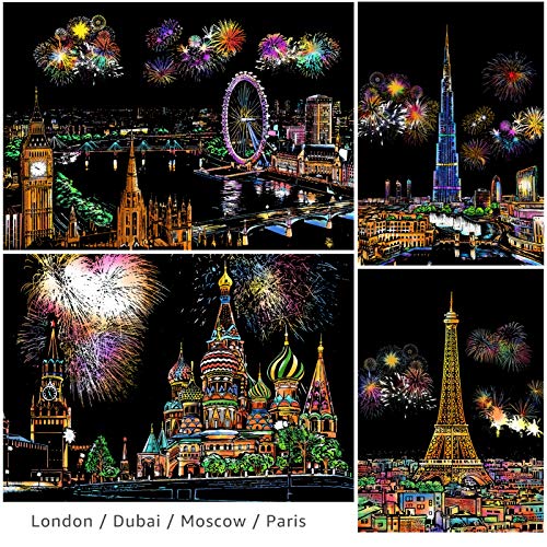 scratch art for adults kids rainbow painting night view scratchboarda4 crafts set 8 sheets scratch cards with 6 tools in bag - fireworks big ben cristo redentor ferris wheellandmark building