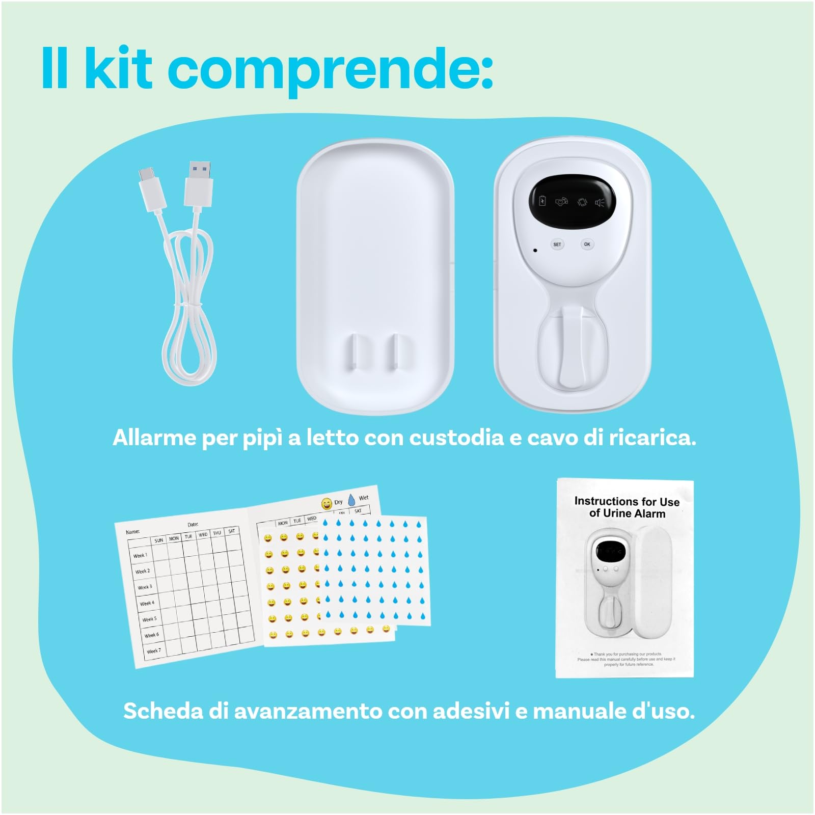 Allarme per bagnare il letto per ragazzi e ragazze, ricaricabile tramite USB, allarme per bagnare il letto con sensore ad alta sensibilità, suono forte e vibrazioni forti, allarme pipì per neonati