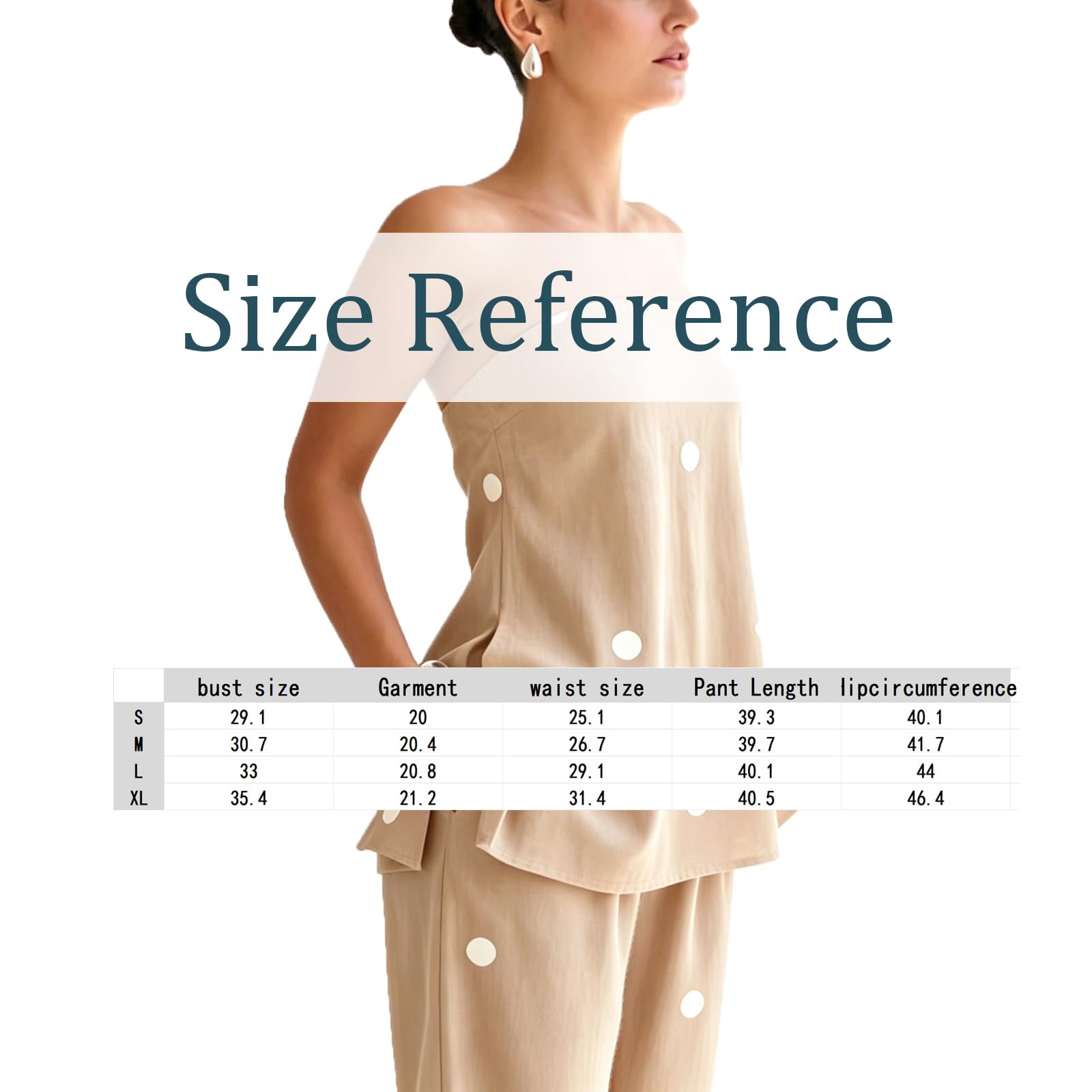 Ensemble deux pièces à pois pour femme : haut bustier sans bretelles et pantalon large taille haute. Collection été 2026.