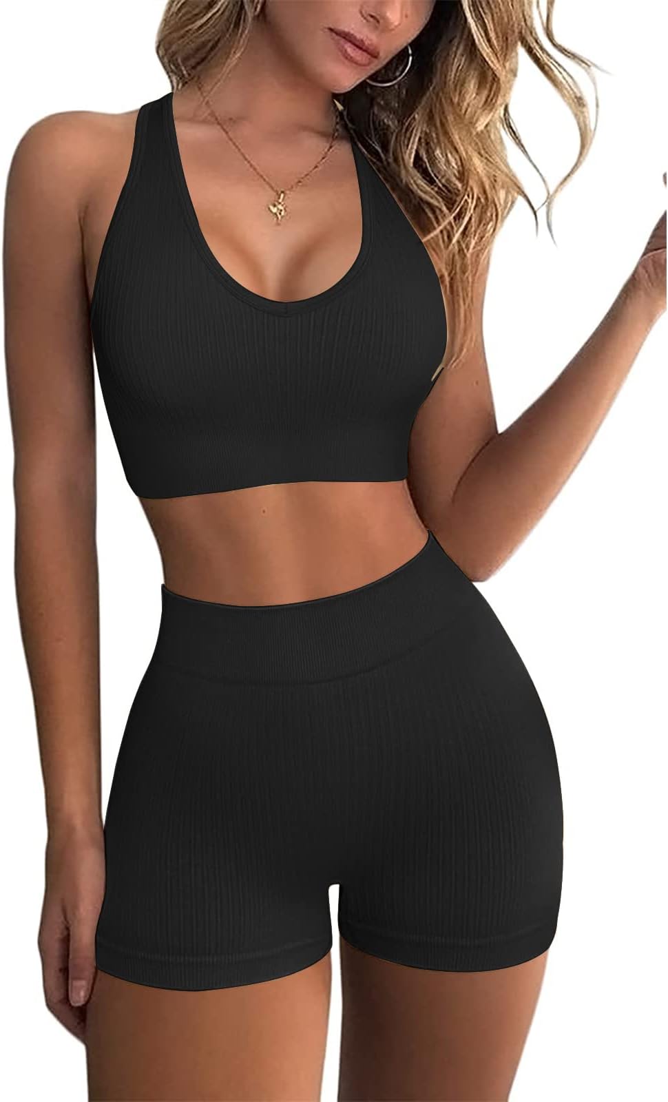 JN JANPRINTWomen's Gym 2 Piece Sets High Waisted Ribbed Yoga Shorts Seamless Sports Bra Workout Outftis Exercise Activewear Set