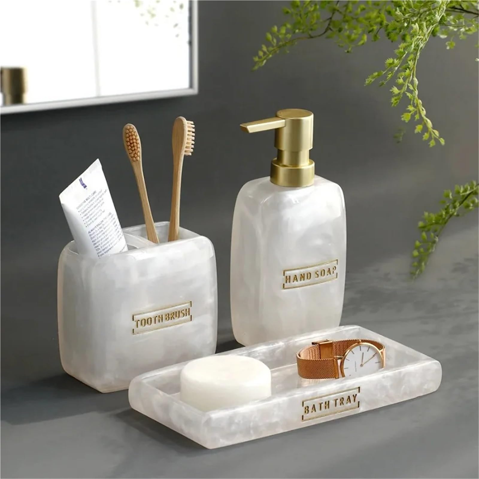 Accesorios BañO Accesorios for Lavado de baño, Botella loción, Juego Taza for Cepillo Dientes, dispensador jabón, Plato Blanco Perla