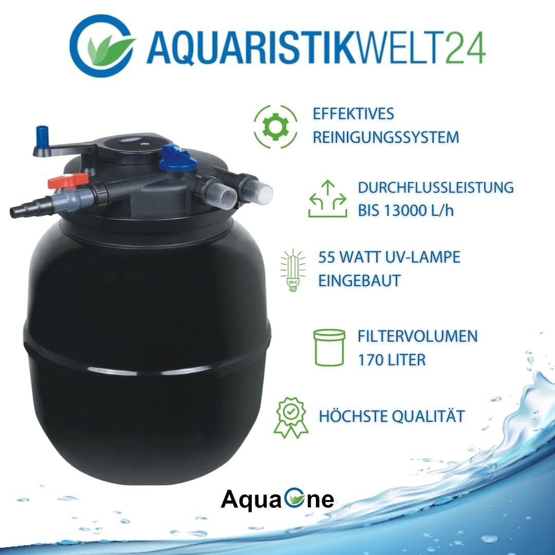 AquaOne Zestaw filtrów do oczka wodnego z pompą do stawu, pompa filtrująca CPF-50000 do stawu o pojemności do 80 000 litrów, kompletny zestaw z lampą UV, pompa Eco 80 W, wąż do stawu nr 53