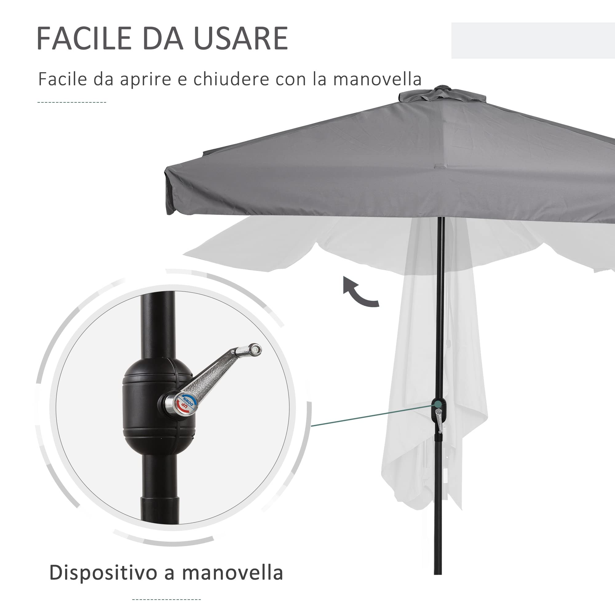 Outsunny Ombrellone Semicircolare per Parete con Manovella 2.3x1.3m | da Terrazza, Giardino e Balcone, Ombrellone in Metallo, Tessuto in Poliestere 180g/m²
