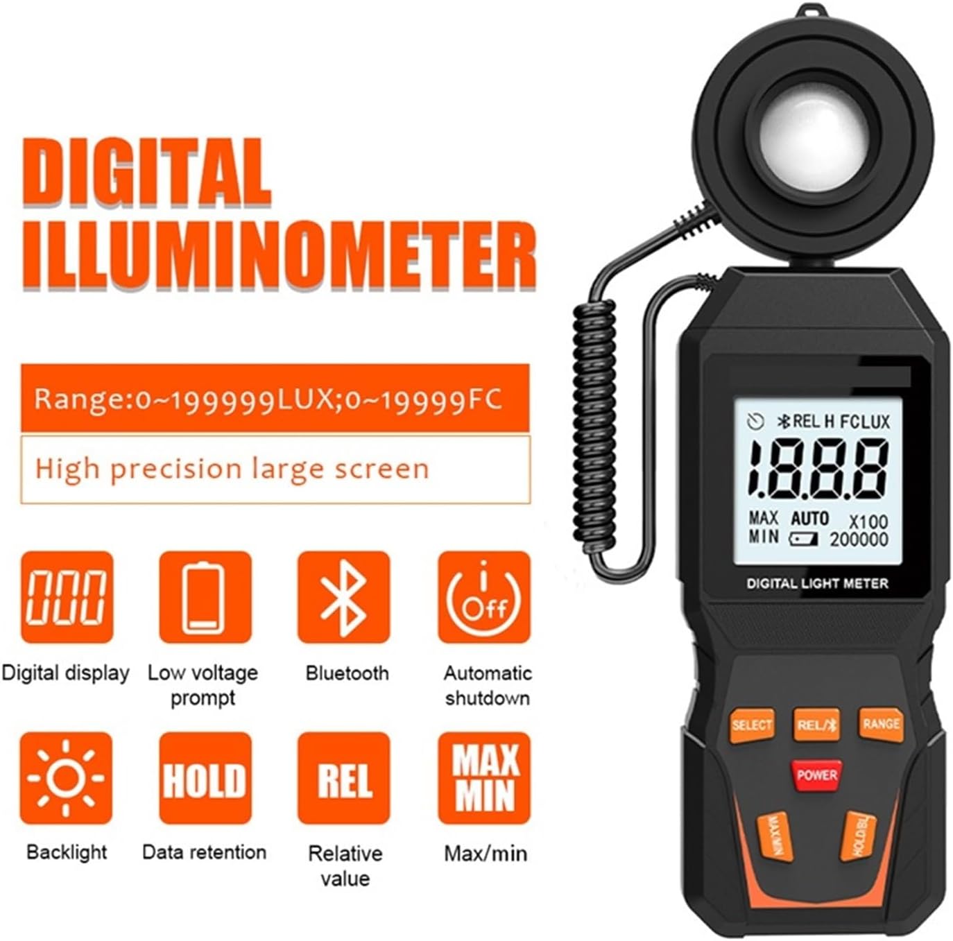 Photographic Light Meters Digital Lux Meter Max 200,000Lux Lux Meter Brightness Lux Fc Test Lux Meter Photometer Car LCD Lux Meter for Plants Aquarium Light Tester