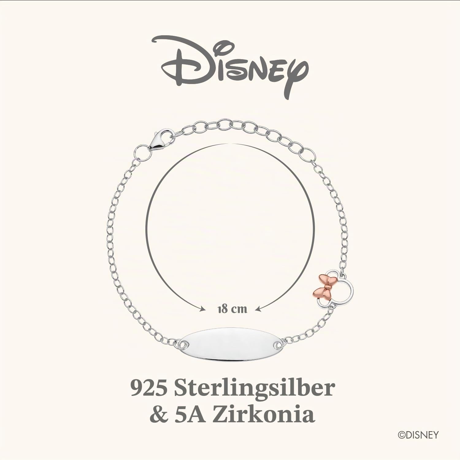 Disney Minnie Mouse Armband mit Gravurplatte aus 925er Silber, Größenverstellbar, Für empfindliche Haut geeignet, für Damen und Mädchen, Geschenkverpackung inklusive, Offizieller Disney-Schmuck