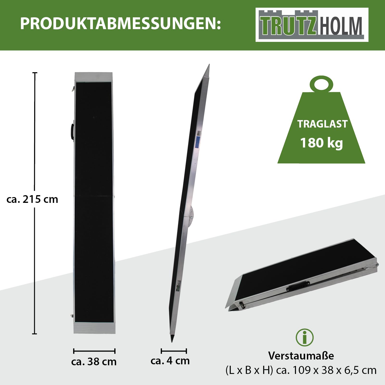 TRUTZHOLM Hunderampe klappbar 183/215 cm Aluminium Tierrampe Tragkraft 180 kg Faltbare Einstiegshilfe für Hunde Rutschhemmende Lauffläche gelenkschonend für große Hunde Auto Kofferraum SUV (215 cm)