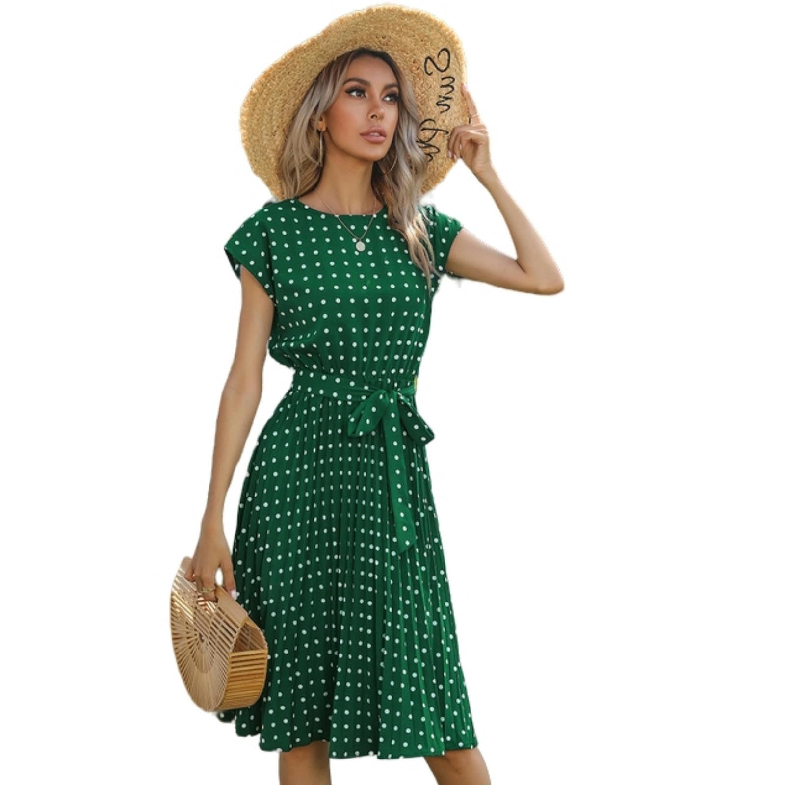 NOGRAX Sukienki damskie plażowe Sundress z krótkim rękawem nadruk w kropki Vestido linia A kwiatowy wysoki stan plisowane sukienki midi