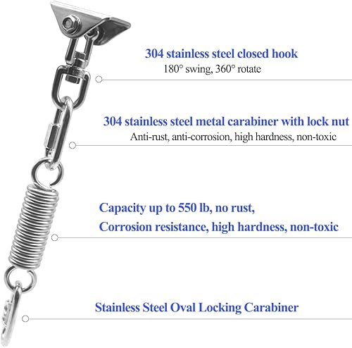 Miniatura 5 de Kit colgante de hamaca con muelle oscilante, ganchos de suspensión de capacidad de 1000 libras, perchas de columpio resistentes con rotación de 360,