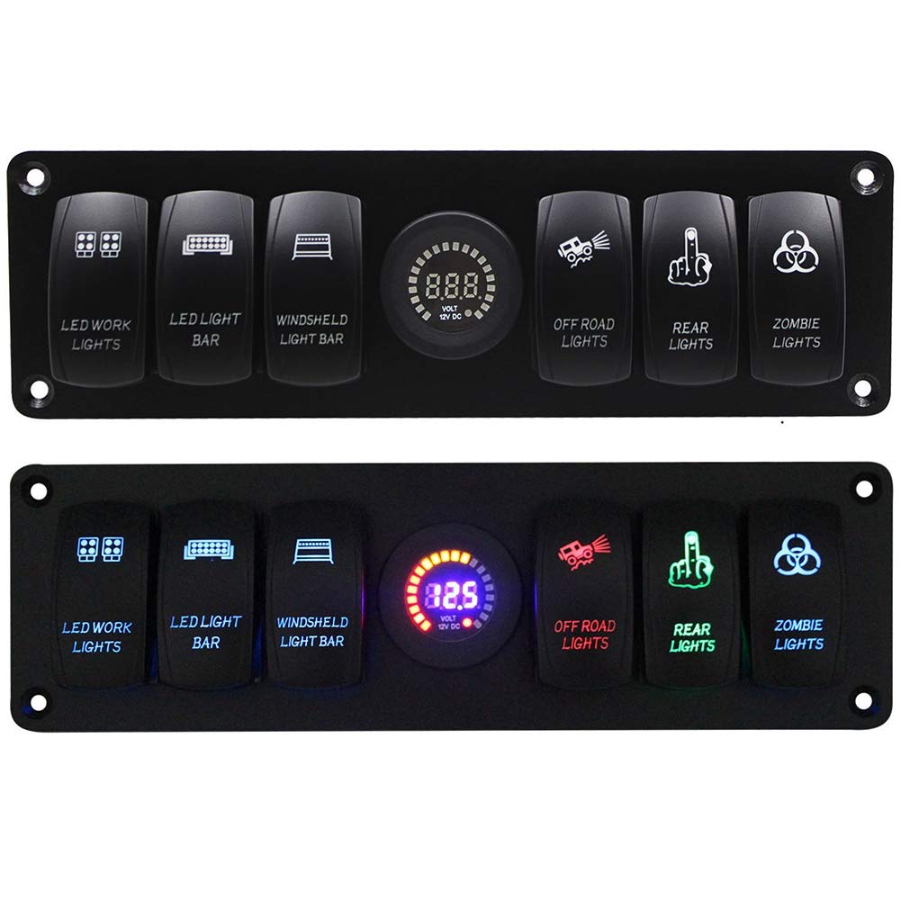 Fabater Panel Przełączników Kołyskowych 6-krotny, Zabezpieczenie Przed Przeciążeniem Zabezpieczenie Przed Zwarciem Woltomierz Cyfrowy LED DC12V 20A DC24V 10A, Wodoodporny Panel Przełączników