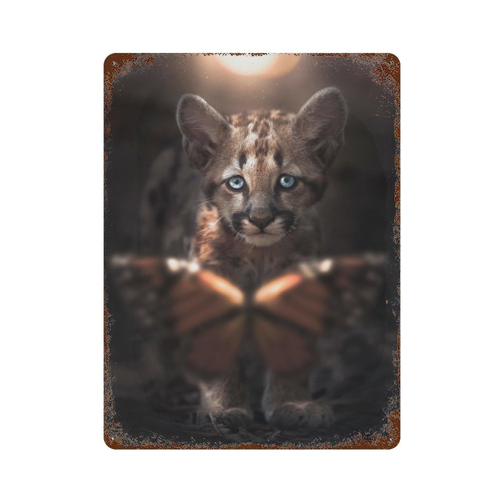 Cub And Butterfly Distressed Metal Wall Sign 15.7"x11.8", for Garage, Bar And Workshop Decor, Decorative Metal Wall Art