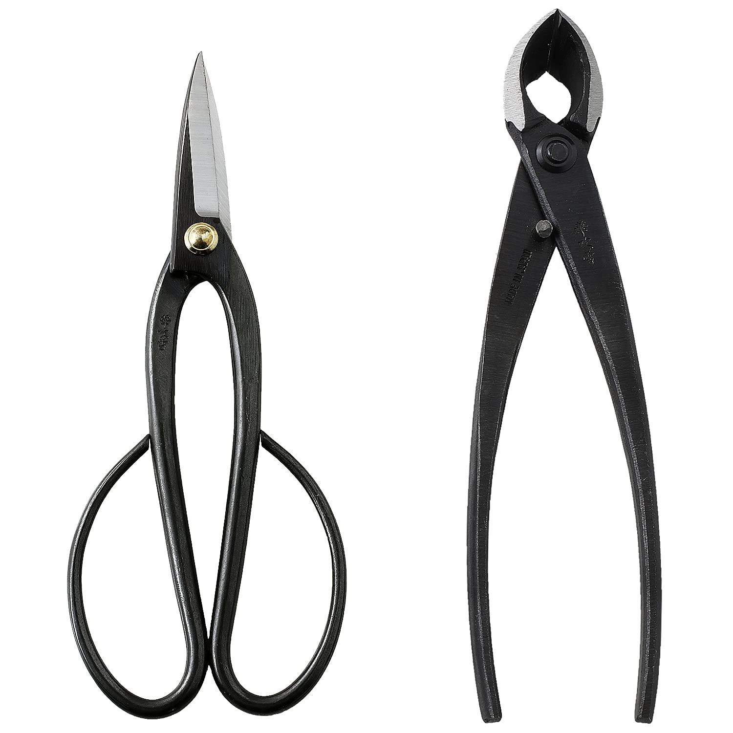 Wazakura Kit Outils Essentiels pour Bonsaï et Jardinage Japonais Fabriqué au Japon, Ciseaux à Bonsaï Ashinaga 200mm avec Coupe Branches Concave 200mm, Débutants et Confirmés