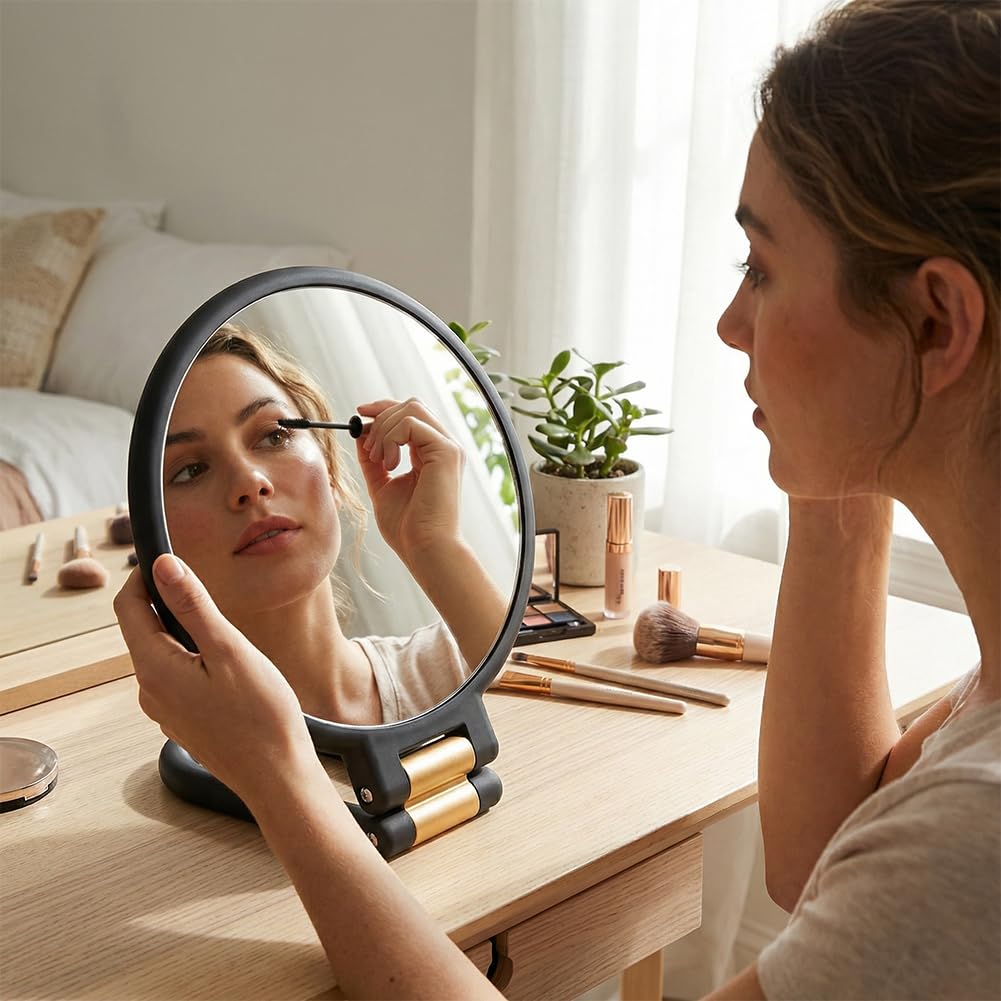 Espejo de mano con asa, doble cara de 50 aumentos y 1 aumento, espejo plegable para maquillaje, viajes, montaje en pared, uso en escritorio (negro) — view 6