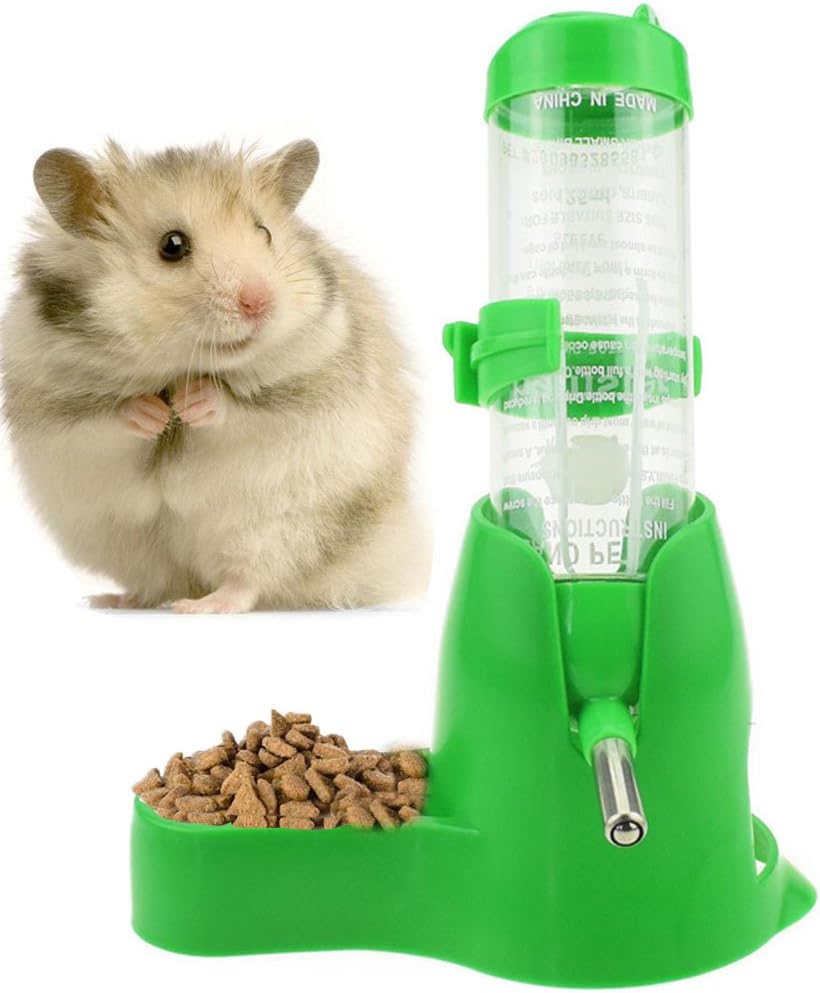 Small Animal Water Bottles, 3 in 1 No Drip Hamster Water Bottle Free Standing Small Pets Water Dispenser with Stand/Food Dish for Dwarf Hamsters, Gerbils and Other Small Rodents (Green)