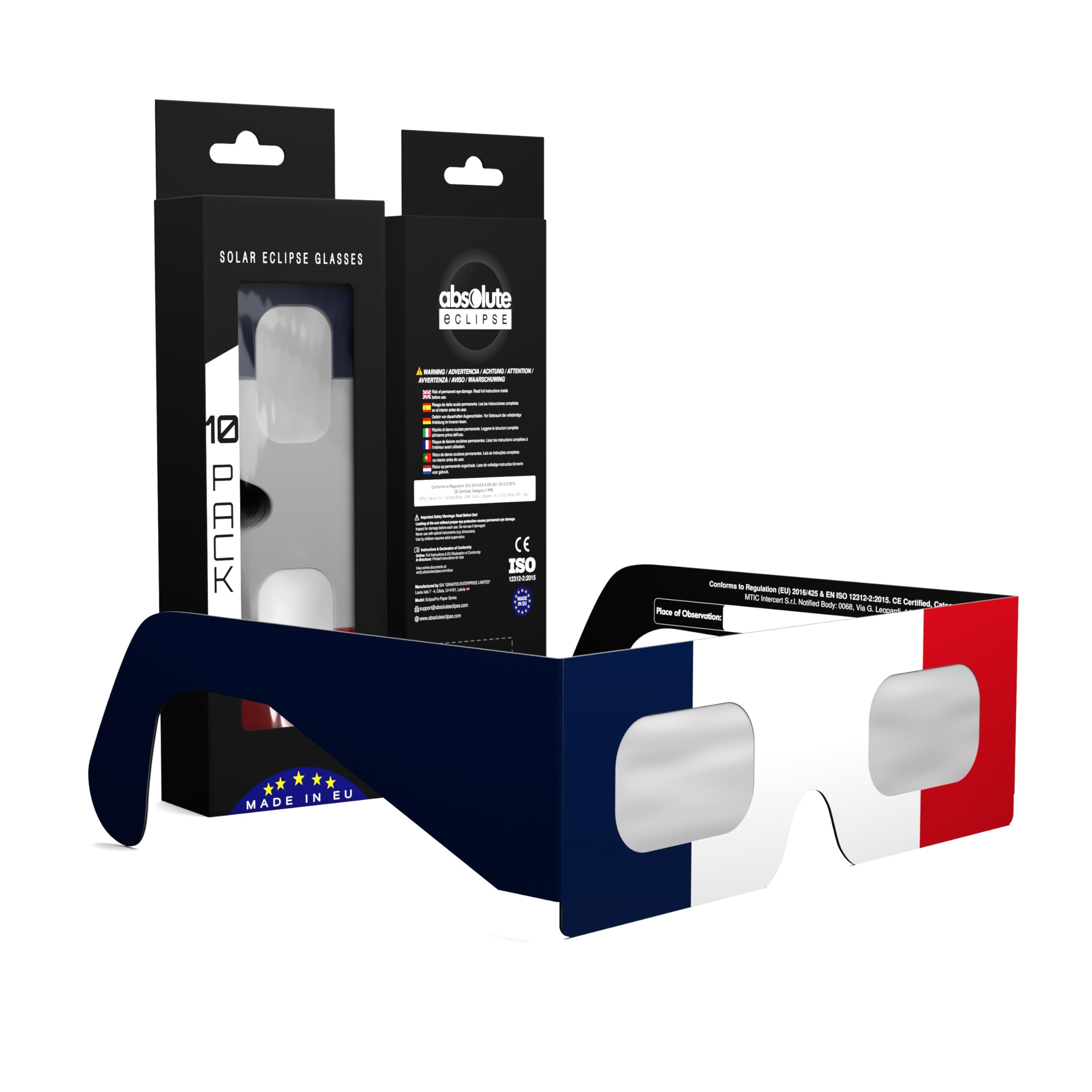 Absolute Eclipse Sonnenfinsternis Brille 2026 zum Sehen der Sonnenfinsternis - ISO 12312-2 CE Zertifiziert - 10er Pack - Design FR - Erwachsene Kinder - EU Hersteller Anerkannt AAS