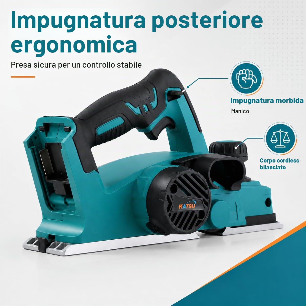 KATSU FIT-BAT 21V Pialla Elettrica a Batteria, 15000RPM Piallatrice, Larghezza di Piallatura da 82mm e Profondità da 2mm, Lame Extra Incluse, senza Batteria o Caricabatterie 102781