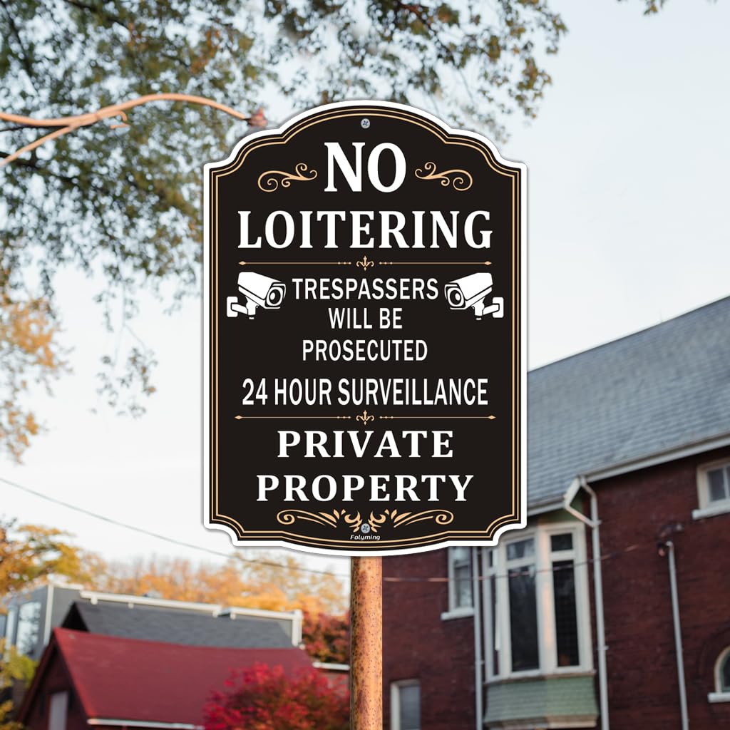 Paquete de 2 letreros de propiedad privada No Loitering Private Property 24 Hour Surveillance Trespassers Will Be Prosecuted de 10 x 14 pulgadas, letreros de propiedad privada de metal reflectante,