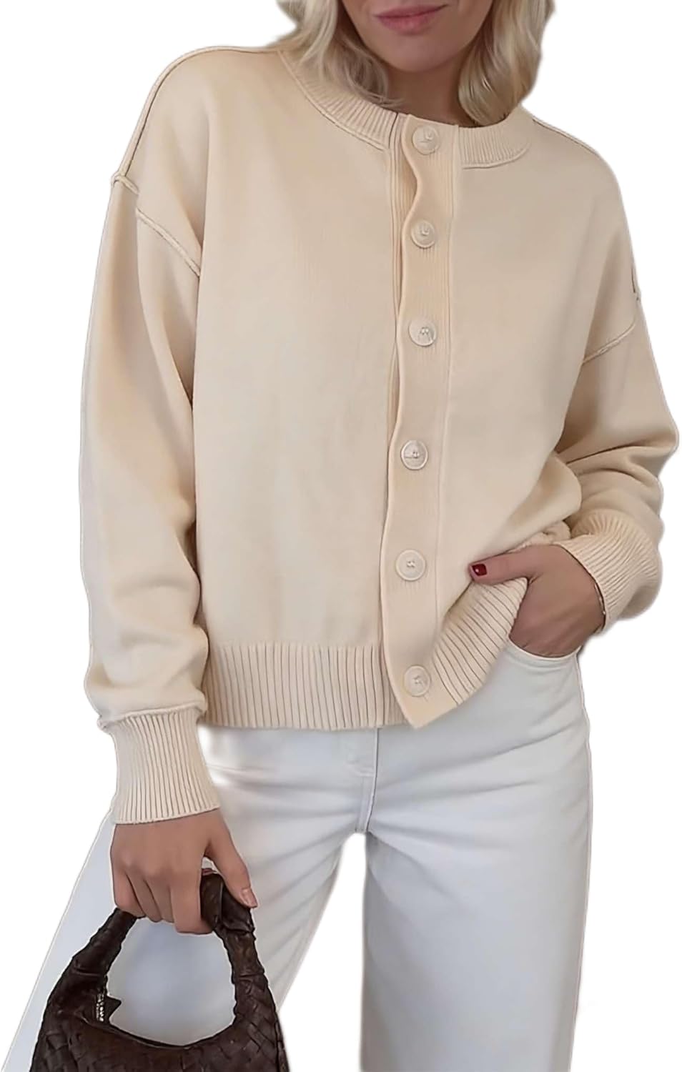 Womens Button Up Cardigan Sweaters Long Sleeve Crewneck Chunky Knitted Sweater Casual Outwear