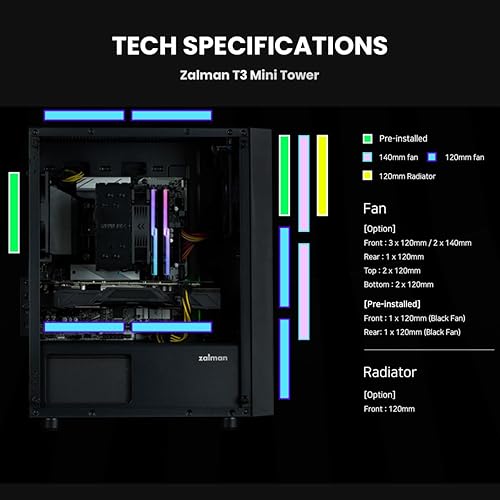 Miniatura 7 de Zalman T3 - Funda compacta para PC para juegos, 2 ventiladores de 4.724 in preinstalados, panel lateral de vidrio templado, Micro ATXMini-ITX,