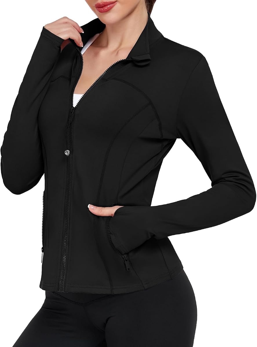 Chaqueta de entrenamiento para mujer Chaqueta deportiva con cremallera para correr Corte ajustado para yoga Gimnasio | Tela de secado rápido, 2 bolsillos con cremallera, orificios para los pulgares, cremallera dorada, cremallera plateada