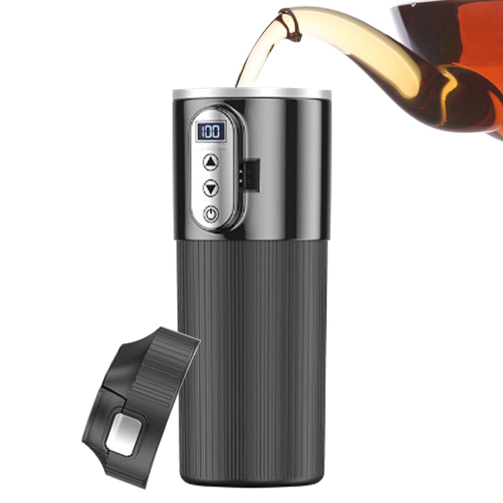 Taza de café de viaje, hervidor eléctrico de coche, taza de viaje con | calefacción, taza de café eléctrica de 12 V/24 V, 500 ml con pantalla LCD de temperatura, acero inoxidable negro, diseño sin