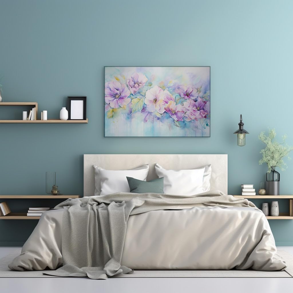 Canvas for Living room. Whimsical Blossoms in Abstract Watercolors: A Dance of Pink and Purple Hues Against Sky Blue, 27 x 18 inch Canvas Wall Art - Contemporary Masterpieces - Modern Home Decor