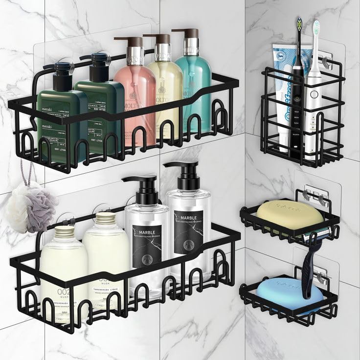 Image of ARQUIN Bathroom Organiser Without Drill Self Adhesive Bathroom Organizer Shelf Bathroom Accessories Set Stainless Steel 5 in 1 Shelves, Soap Holders, Tooth Brush Holder Wall Mounted (Pack of 1)