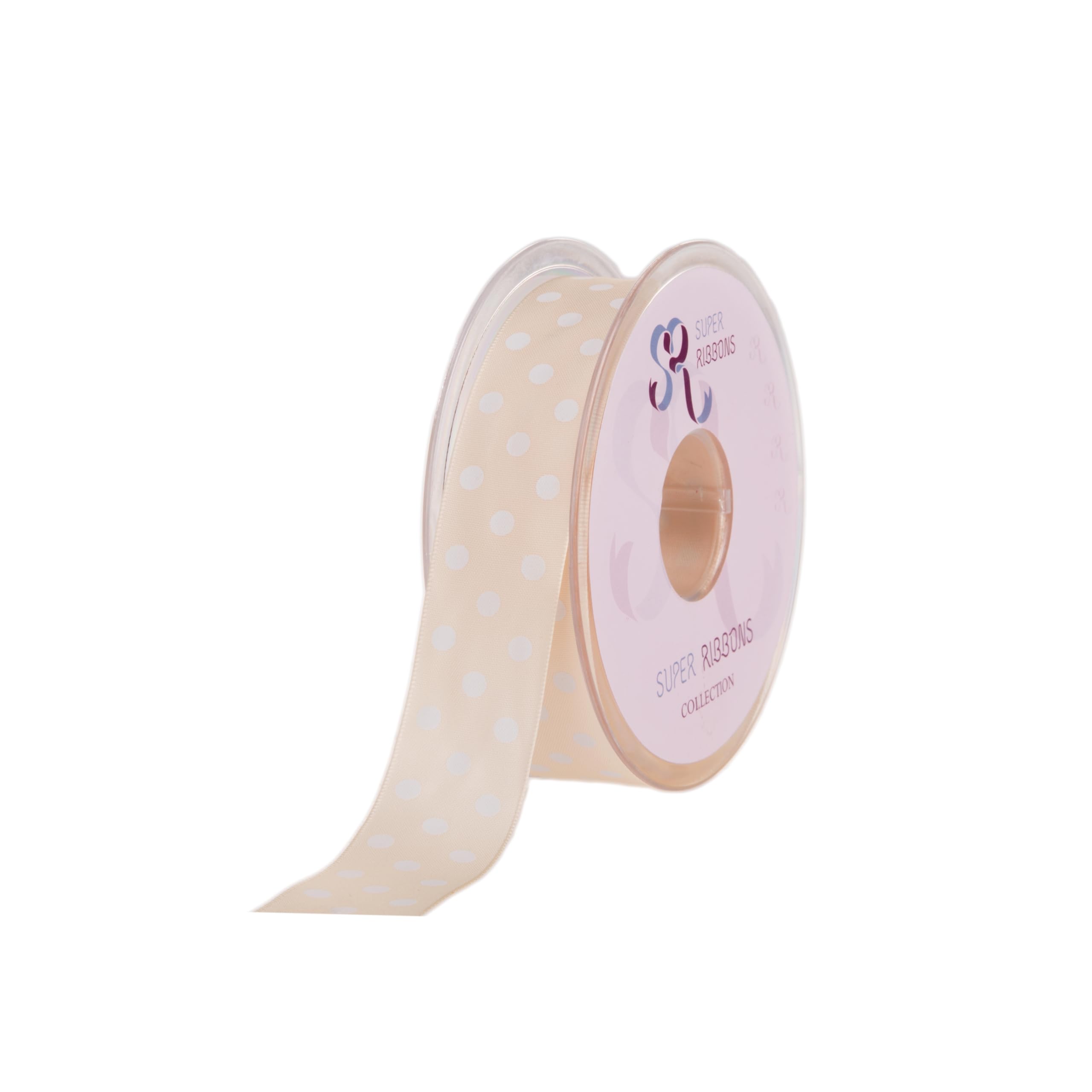 SUPER RIBBONS®™ Full Reel 10mm Polka Dot/Spotty Satin Ribbon, 20 Metres on Reel- Cream