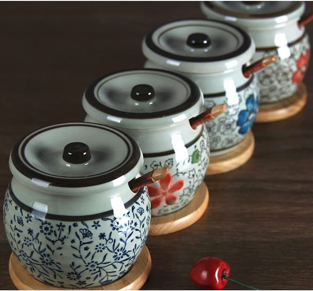 Garnki na przyprawy, pudełko na przyprawy, butelka na sos, ceramiczny garnek do przypraw kuchennych Zestaw pojemników na przyprawy do użytku domowego Cukiernica z łyżeczką i tacą (10 uncji) Dozownik p