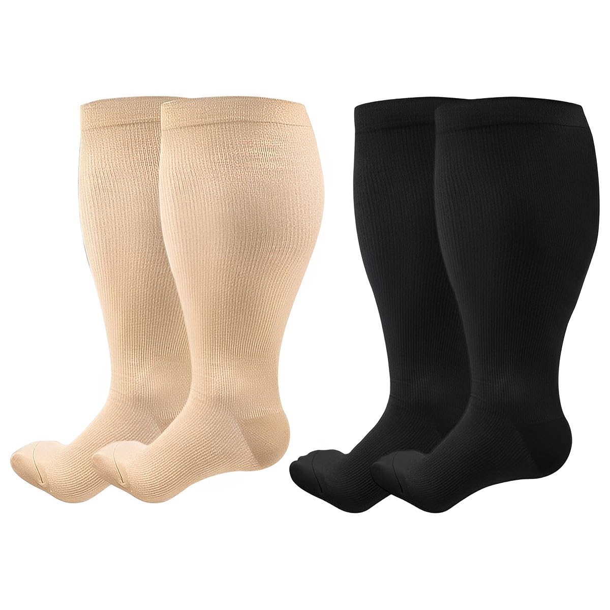Plus Size Compression Socks for Women & Men, 2 Pair Neuropathy Socks Medical Compression Stockings, 20-30 mmHg Wide Calf Compression Socks Knee Support for Boosts Circulation & Reduces Swelling