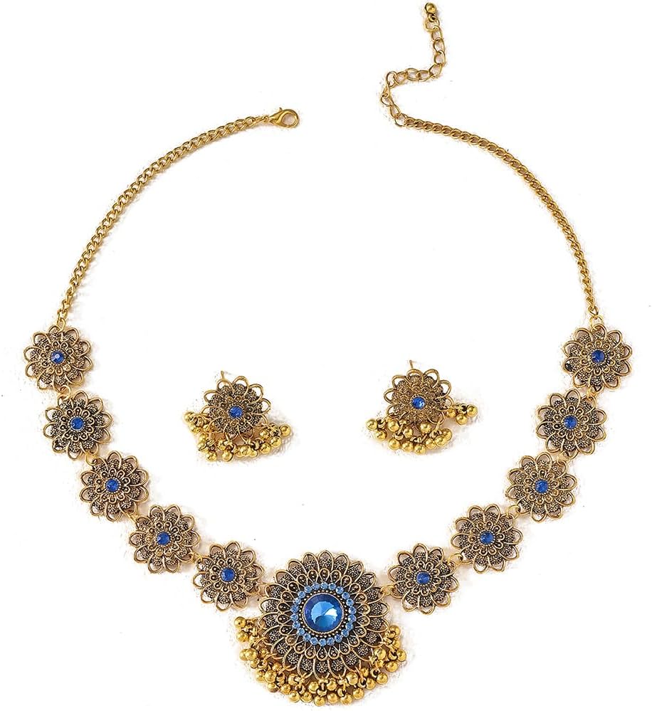 Bollywood Indian Jewelry Sets for Women Wedding Party Jewelry Flower Tassel Beaded Dangle Earring Oxidized Indian Choker Necklace Gold-Tone Plated Zirconia Jhumkas Chandelier Earrings Boho Jewelry