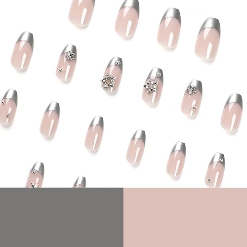 Miniatura 2 de 24 uñas postizas plateadas a presión tipo ataúd de longitud media con diseño de estrella de diamantes de imitación, uñas postizas cuadradas de punta