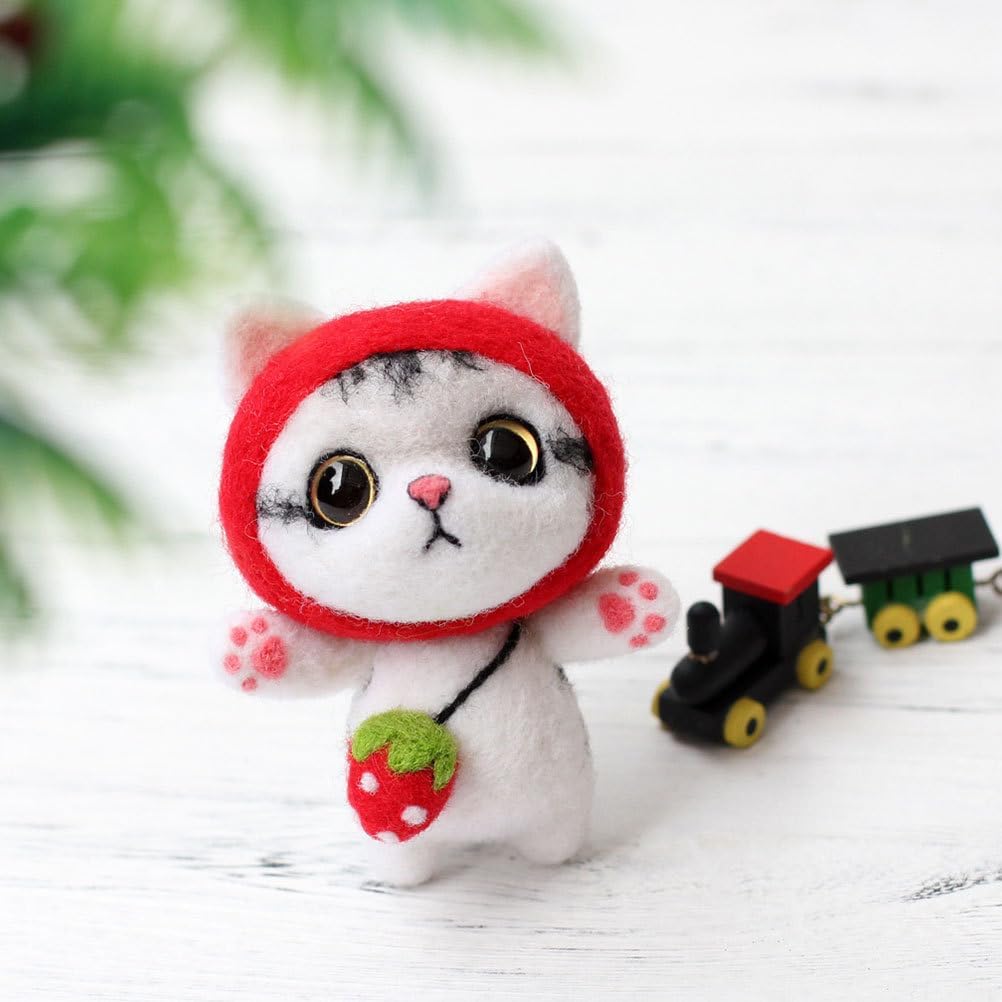 Healifty Wool Needle Felting Kit for Kids and Adults - DIY Cartoon Cat Plush Craft Set with Punch Needle Lanyard Doll Eyes & Manual 2.95X1.37X2.16 Inch Felt Material Bag for Home Art Projects