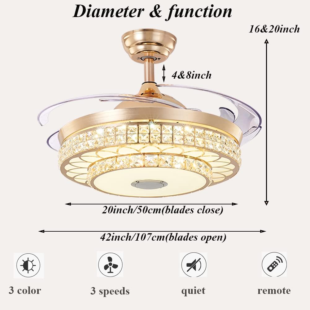 MORE CHANGE Fandelier Ceiling Fans with Lights Retractable Chandelier Fan with 3 Speeds 3 Color Changes Lighting Fixtures, Silent Motor with LED Kits (Gold)
