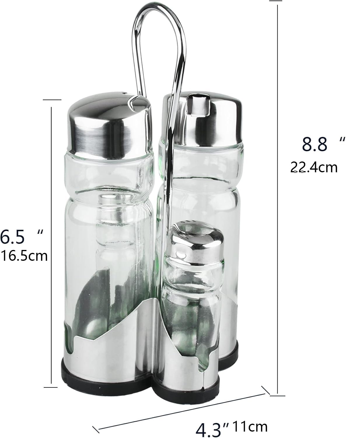 Juego de salero y pimentero, dispensador de aceite y vinagre con soporte de acero inoxidable (sal y pimienta + aceite y vinagre)