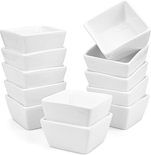 Foraineam Paquete de 12 cuencos de porcelana de 3 onzas, platos de servidor de condimentos blancos de ramequines, cuencos de salsa para vinagre,