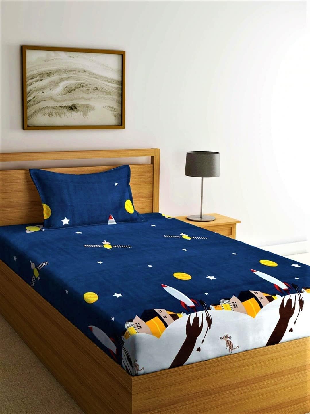 Kitch Deco™ 180TC Glace Cotton Kids Room 1 Single Flat Printed Bed Sheet with 1 Pillow Cover (60 * 90Inch Rocket)