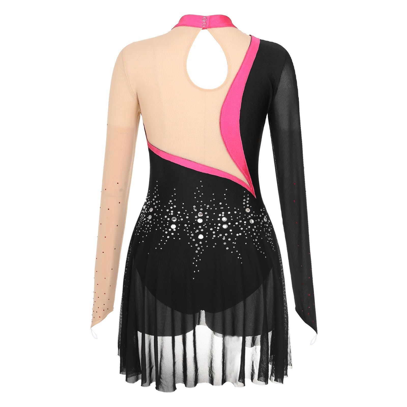 Disfraz de baile de patinaje artístico para mujer, cuello alto, vestido de danza con tutú y diamantes de imitación brillantes, manga larga, vestido de baile lírico